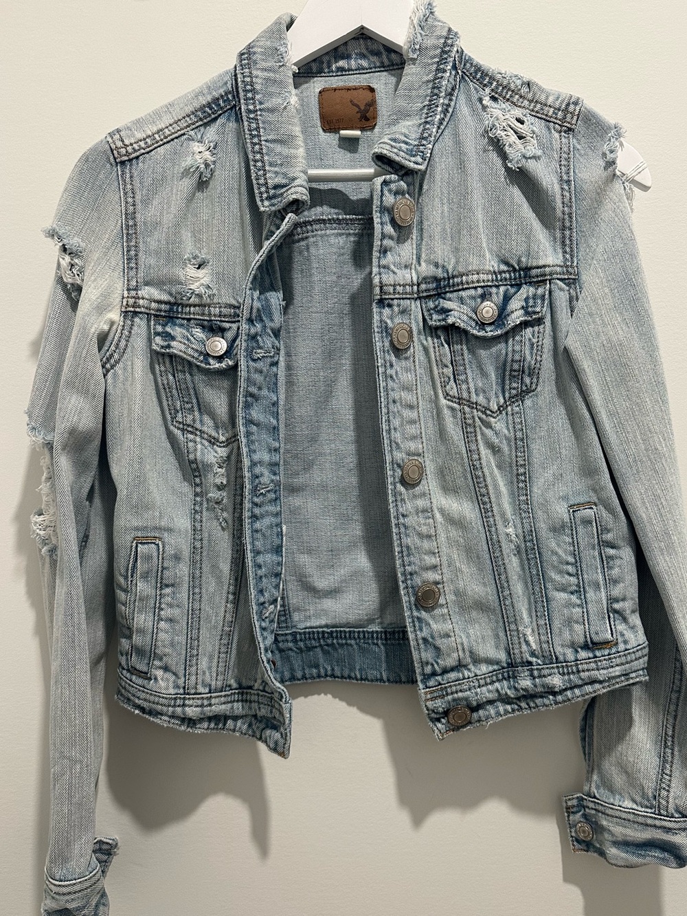 American Eagle Outfitters Light Blue Distressed Denim Jacket